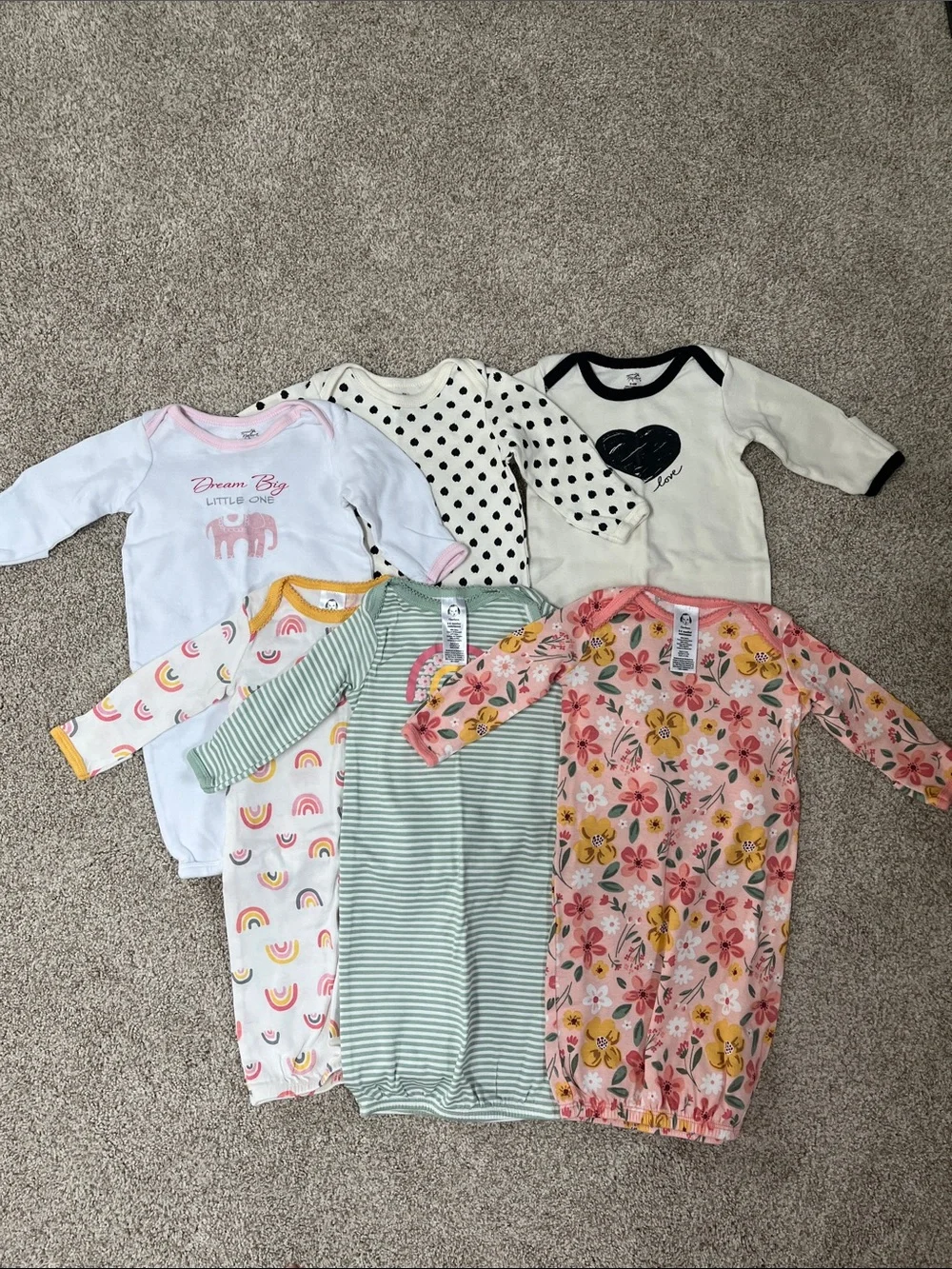 6 Baby Girl Long Sleeve Open Bottom One Piece Pajamas, 0-6 months